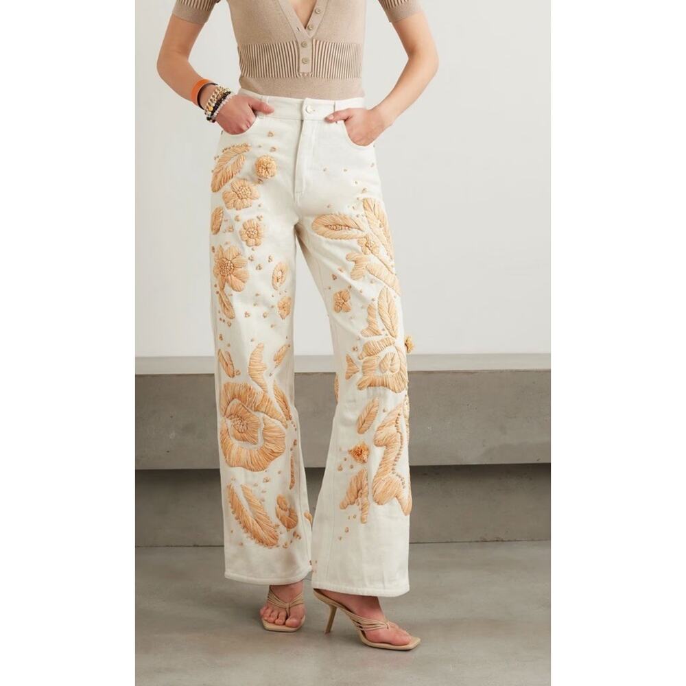 Cult Gaia Jarli White Raffia Appliqué High Rise Wide Leg Jeans XS - Picture 4 of 16
